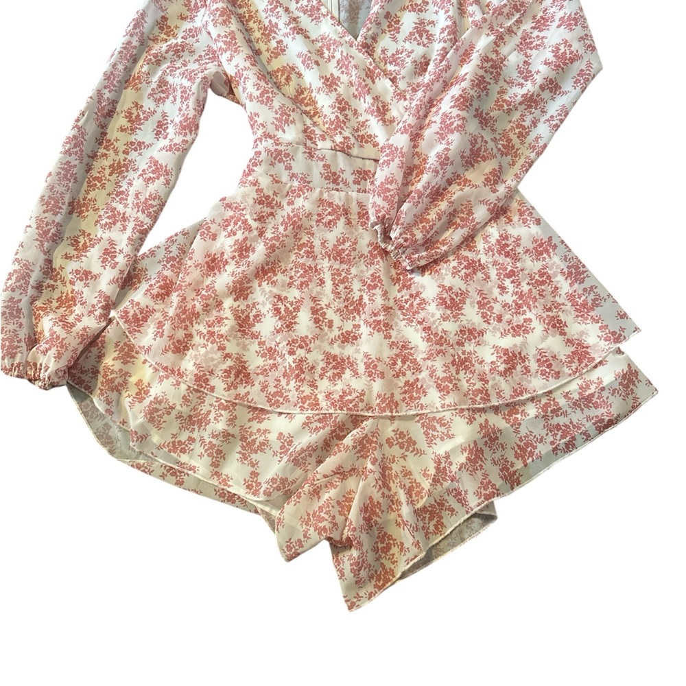 Floral Long Sleeve Romper- Pink and cream white